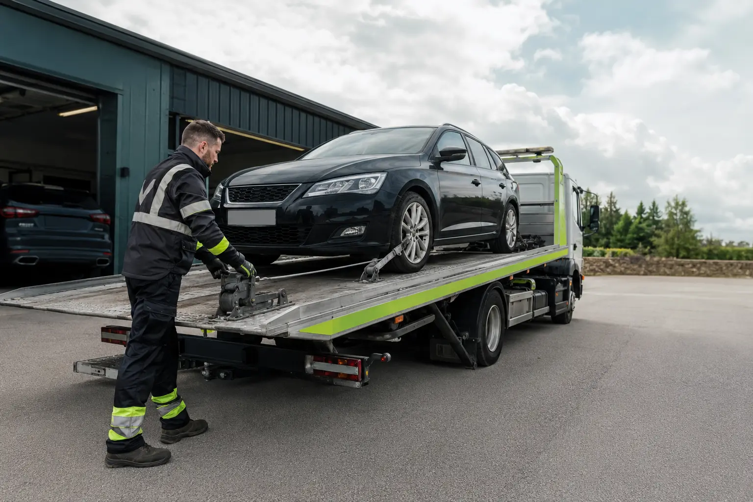 A professional recovery operator loading a vehicle onto a flatbed truck.