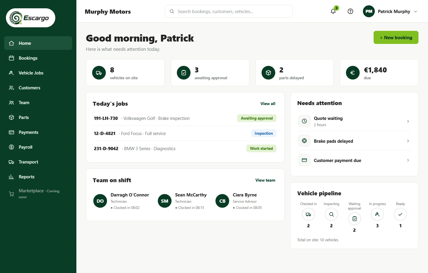 The Escargo garage dashboard showing today's bookings, jobs in progress, team on shift and payments due.