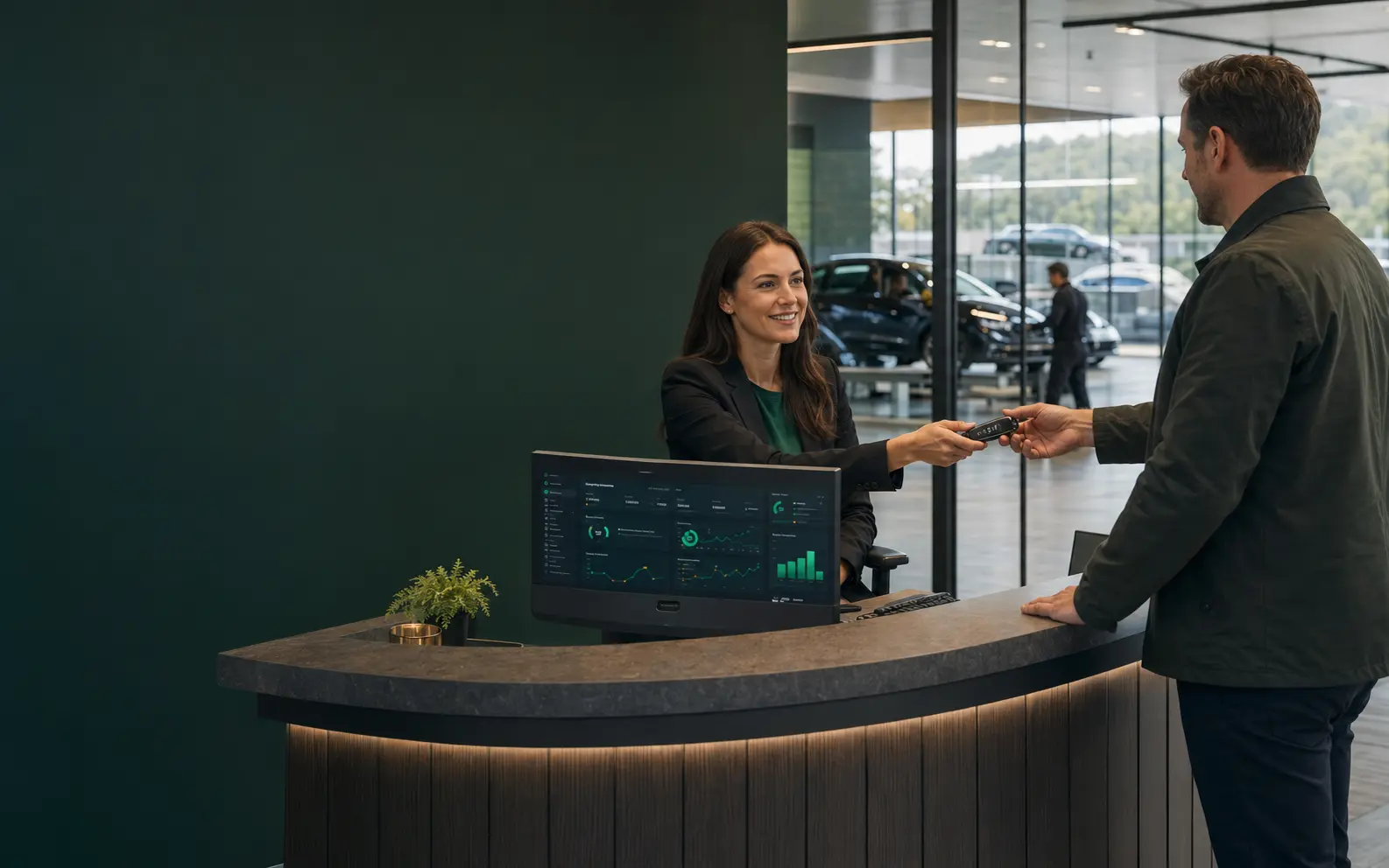 Service receptionist receiving a customer's car key at a dealership desk.