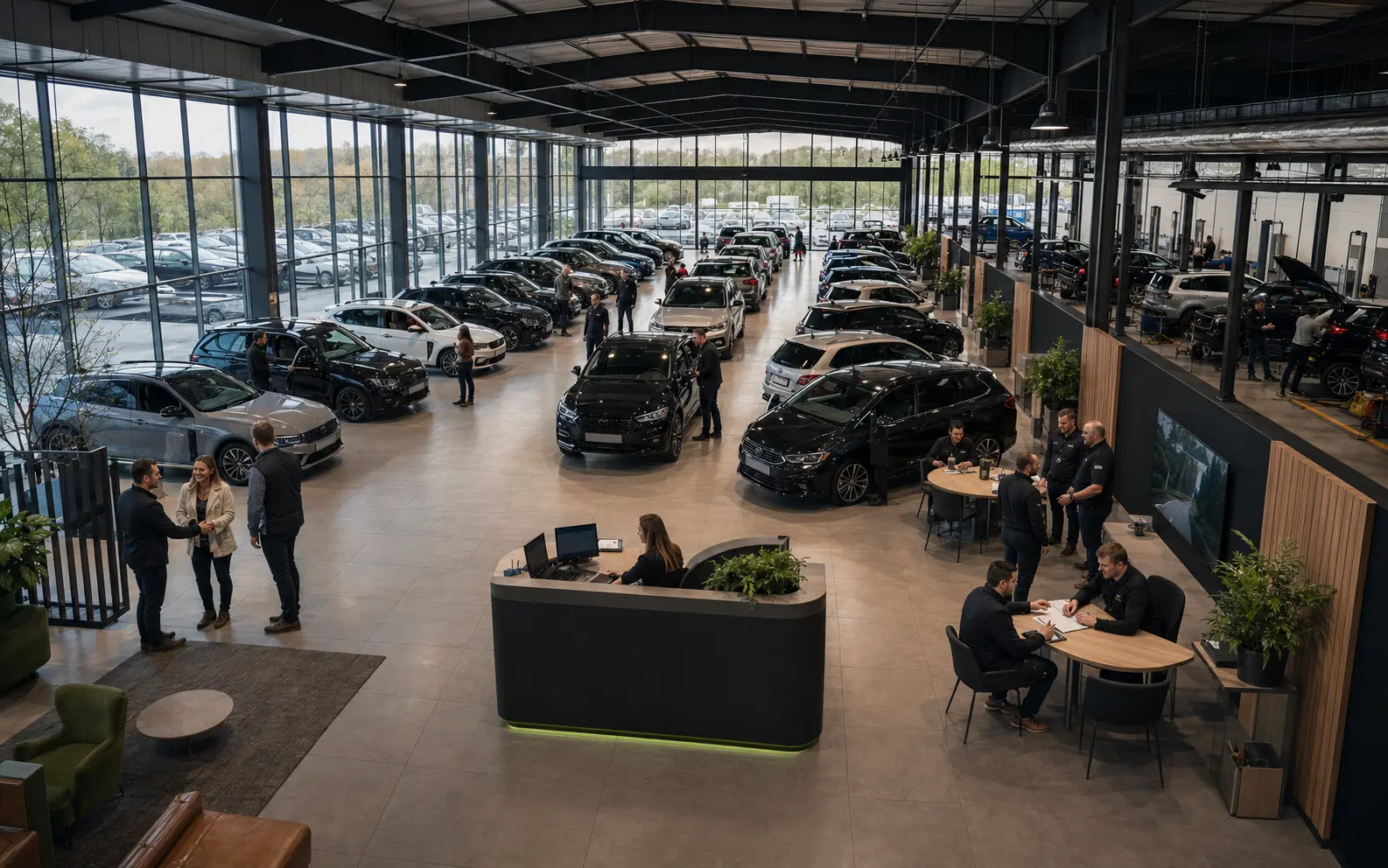 Large vehicle sales floor with customers, staff, reception and workshop areas.