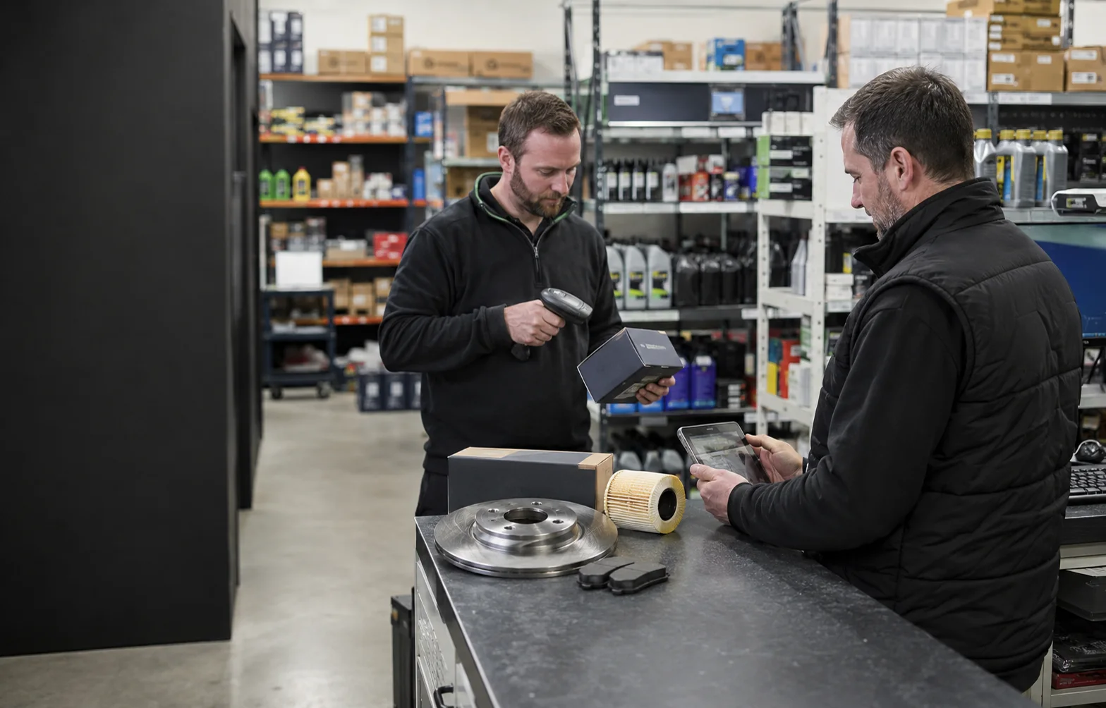 A parts counter with components being prepared against a workshop order.