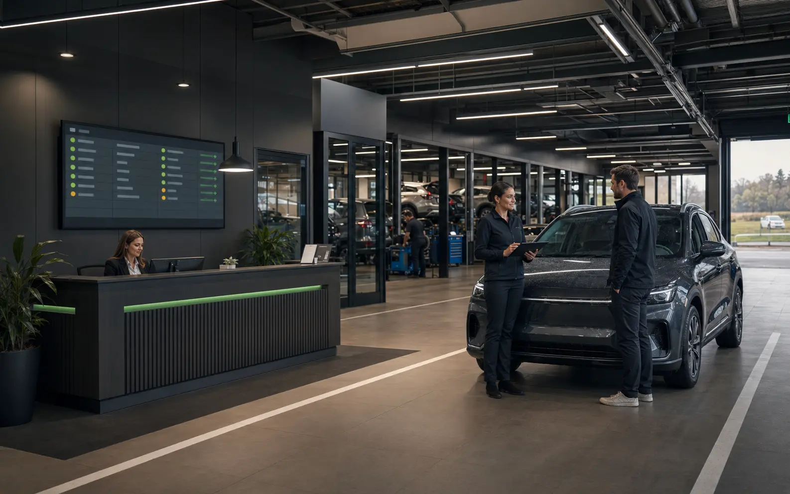Service advisor checking in a vehicle beside a workshop reception lane.